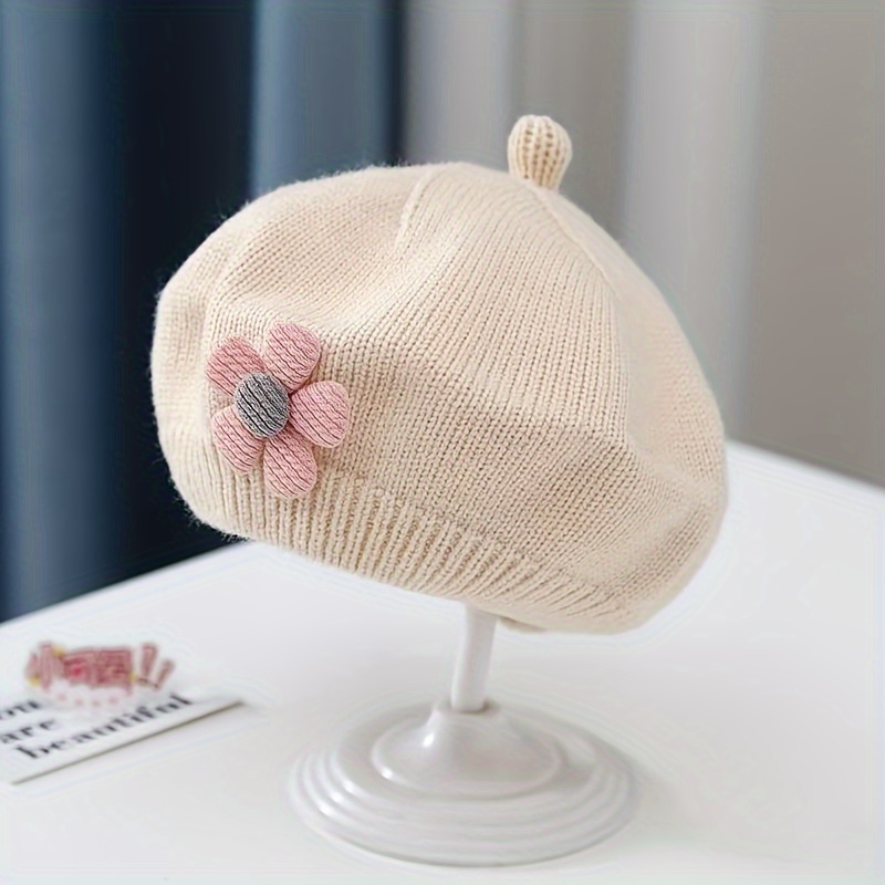 1pc Cute Floral Knit Beret, Fall Winter Painter Hat, Christmas Thanksgiving Gift