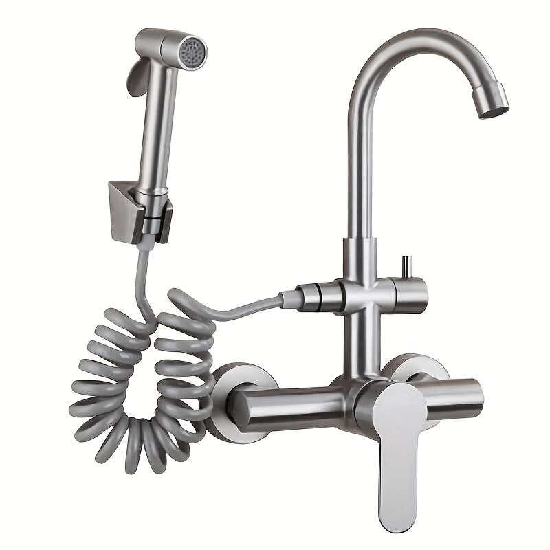 Wall Mount Faucet With Handheld Sprayer Center Kitchen Faucets Swivel 360° Stainless Steel Commercial Sink Faucet With Retractable Hose Spray Accessory Set Black/silvery