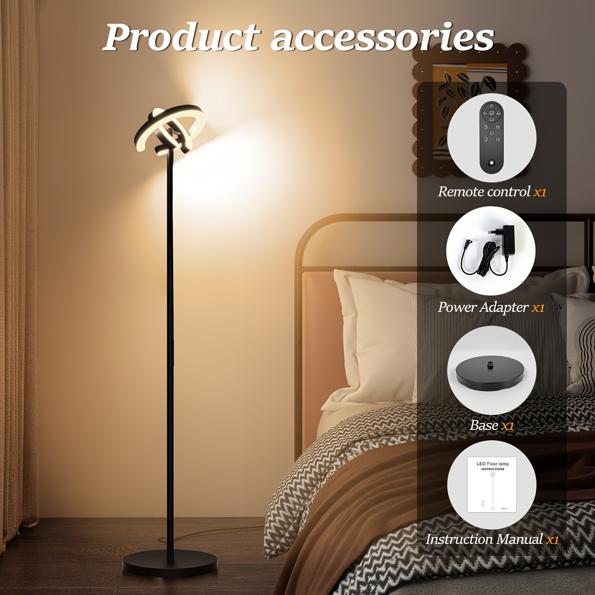 Smart Bright Led Corner Standing Rotatable Floor Lamp And Magnetic Remote, 7 Color Temperatures, 1900k-6500k, Dimmable For Room Reading Office