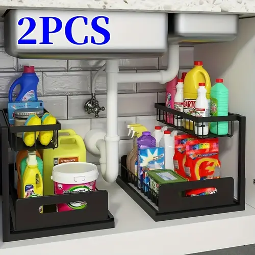 2 pack heavy duty metal under sink organizer with 2 tier pull out sliding drawers adjustable shelves space saving storage for kitchen bathroom pantry closet cabinets kitchen sink organizer twotier shelf rustresistant material minimalist lifestyle