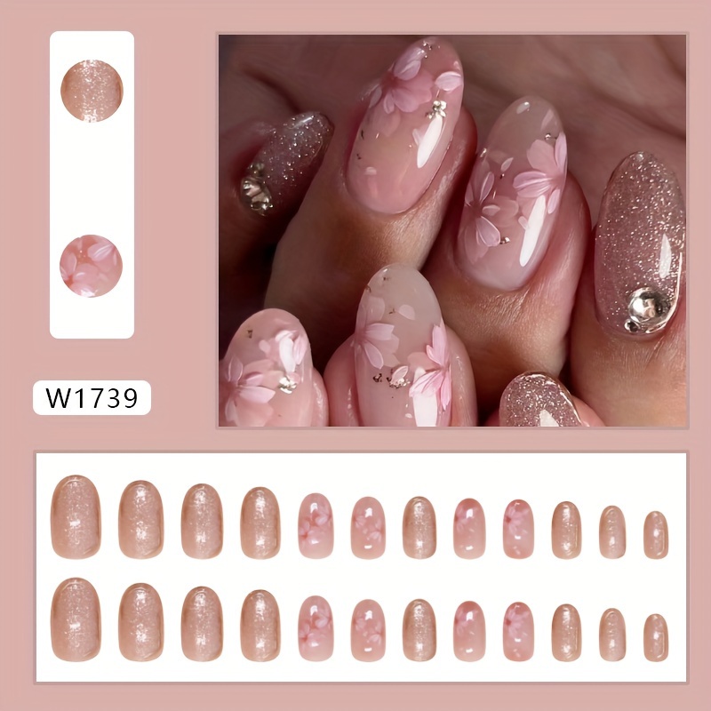 Trade Fake Nails, Peach Detachable Press-on Nails, Simple Fine Glitter Nail Stickers, 24pcs