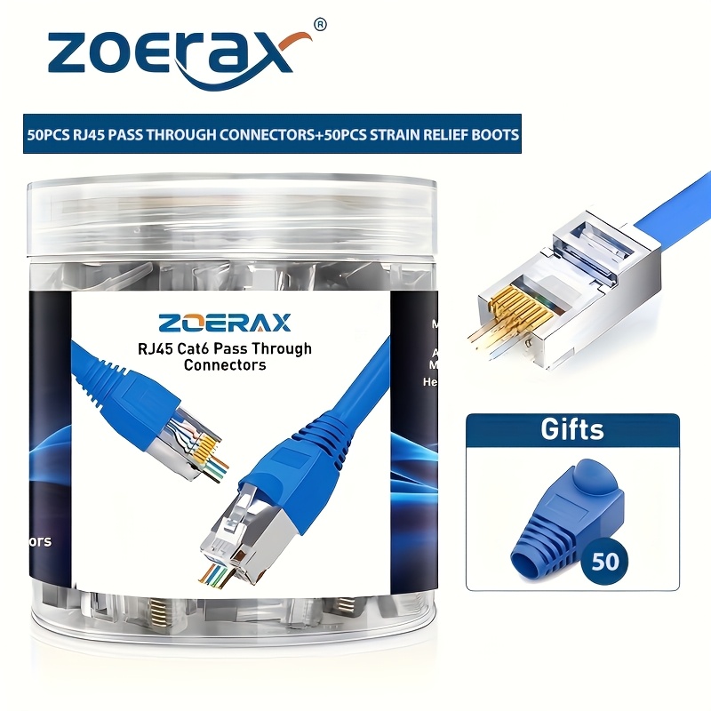 100pcs Zoerax Rj45 Cat6 Shielded Connectors With Relief Boot - Male/female Flat Pass-through Network Plug For Pc, Server,, Router - Compatible For Cat6 Ethernet Cables, & Office Use