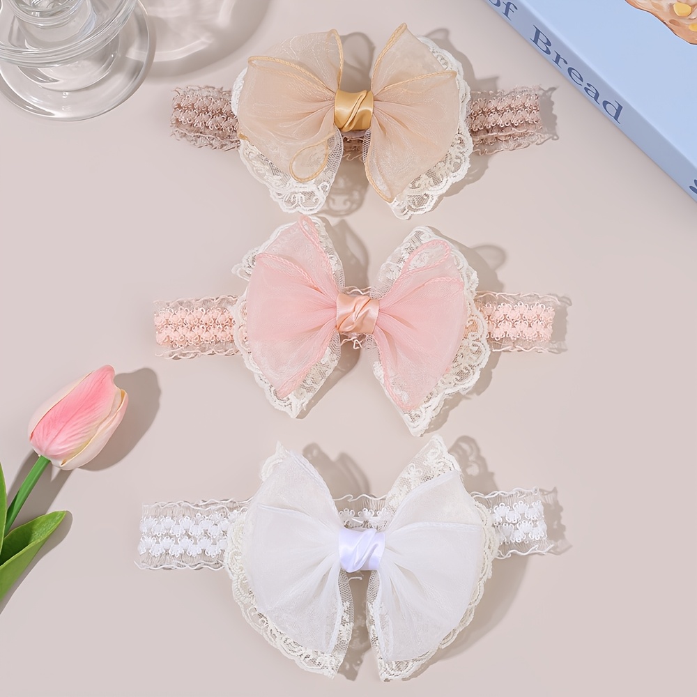 E-shop Set mit 3 bezaubernden Haarreifen mit Schleifen aus Spitze, hergestellt aus weichem Stoff, mit Mesh- und Spitzenbesatz. Diese elastischen