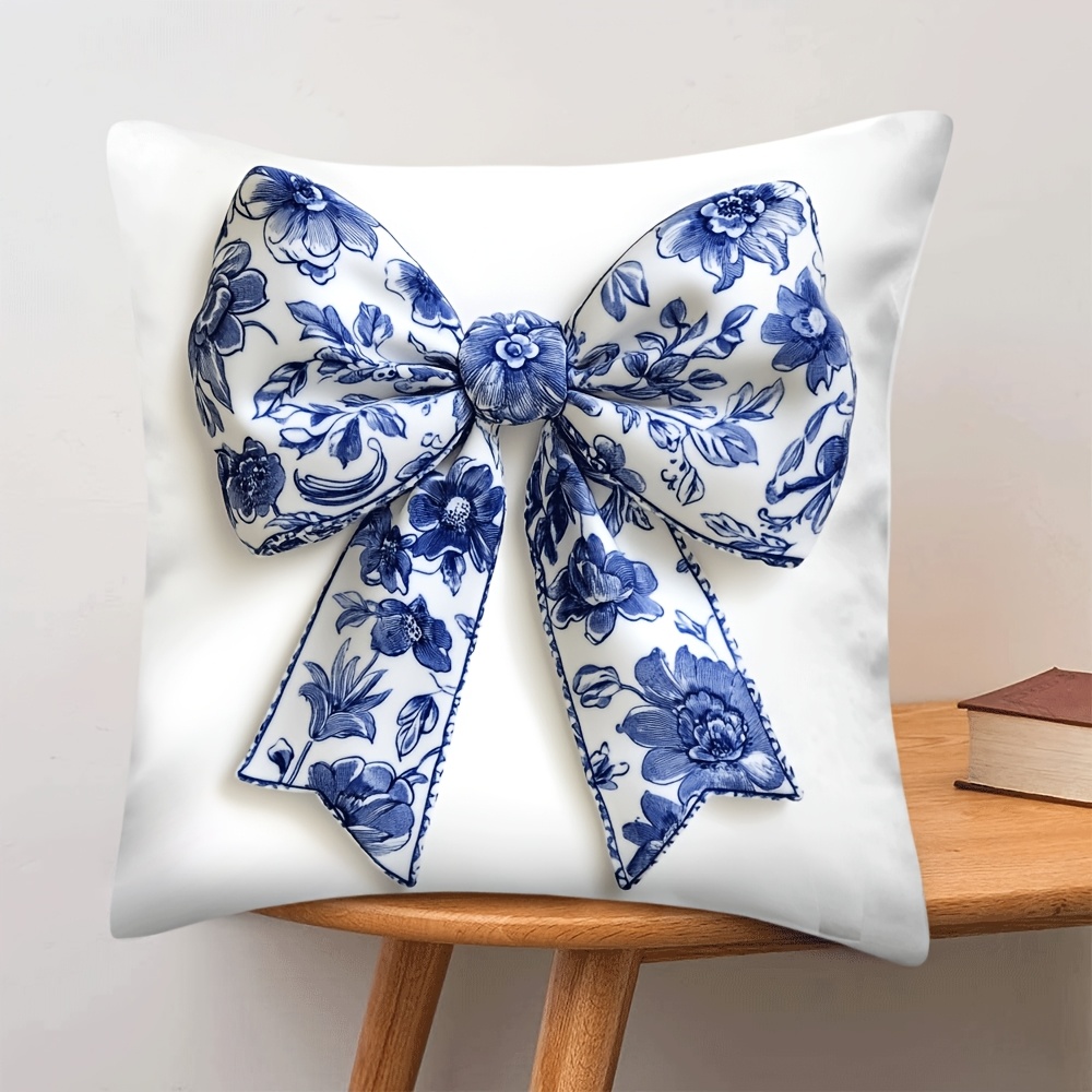 

1pc And White Floral Bow Pillow Cover, Short Plush Polyester, Machine Washable, Zipper Closure, Woven Decorative For Room Types, 18x18 Inches