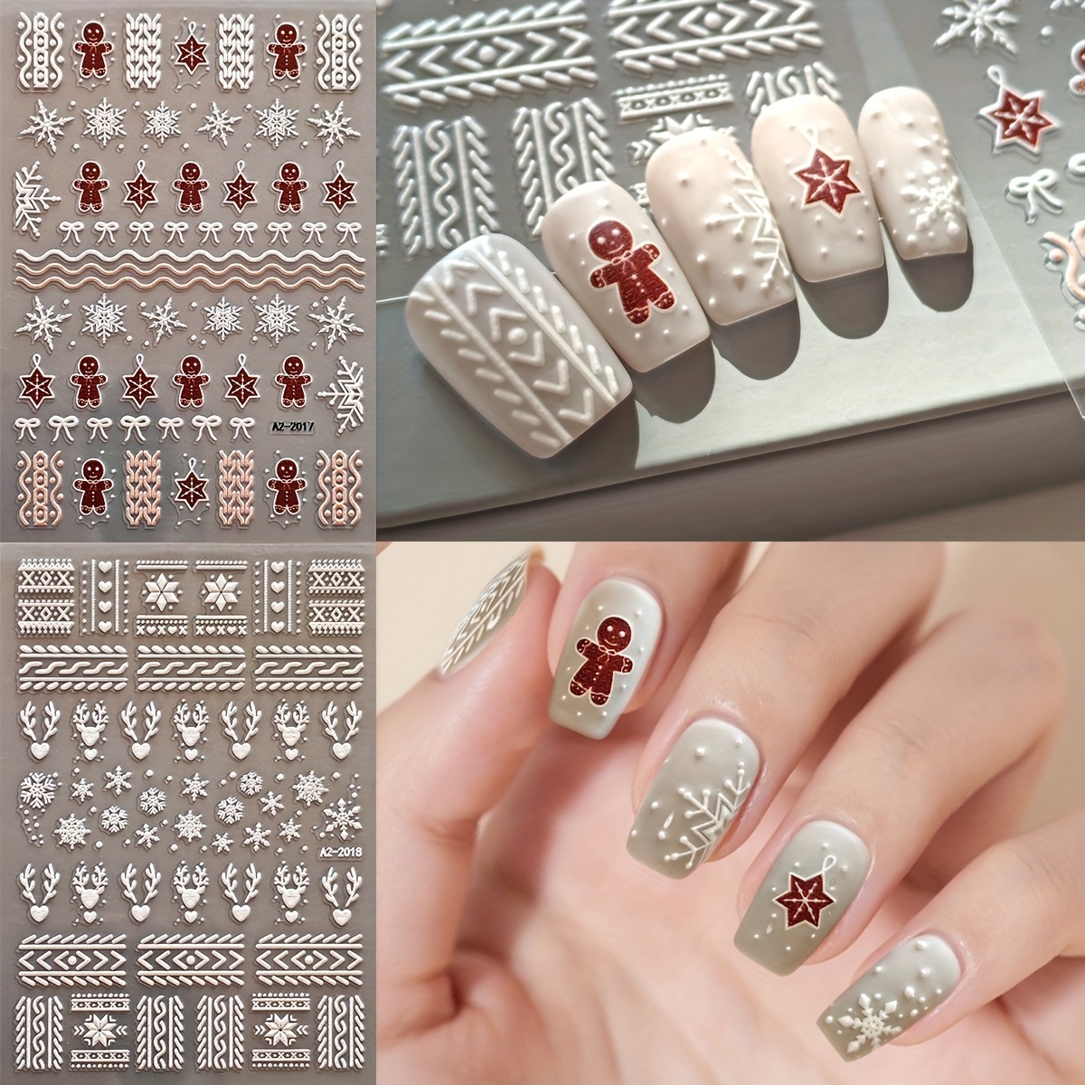 Image of 2pcs 5d Sweater Cartoon Nail Stickers, Cute Deer & Sweater Line & White Snowflakes Nail Art Decals Festive Holiday Nail Self Adhesive 3d Stickers Manicure Decor Gifts For Women