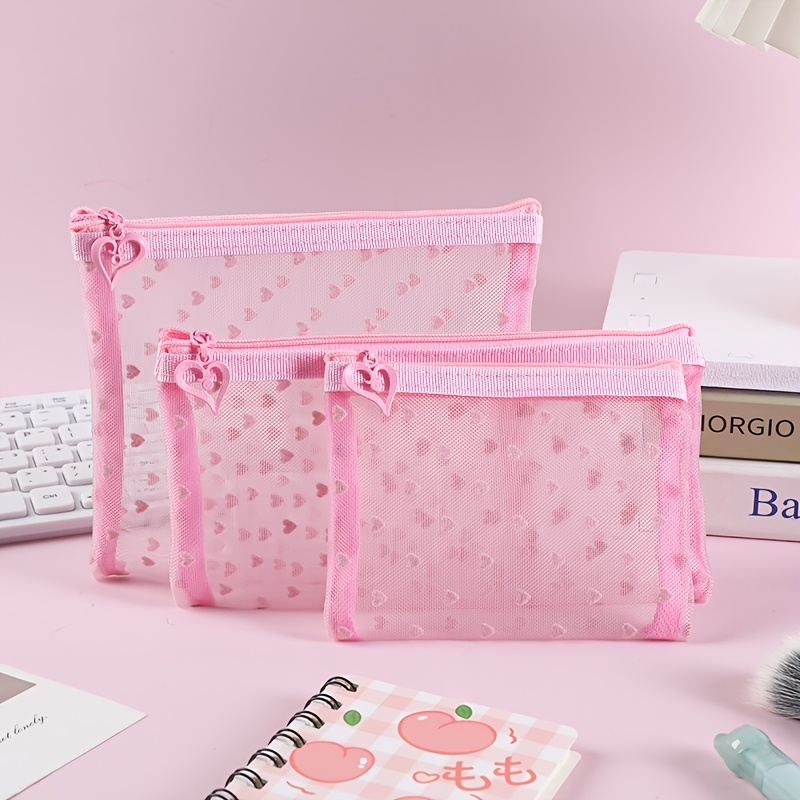 Image of 3pcss Heart-shaped Mesh Cosmetic Bags Portable Storage Bags, Large Medium Small 3pcs Set, Lipstick Organizer, Stationery Bag, Valentine's Day Gift