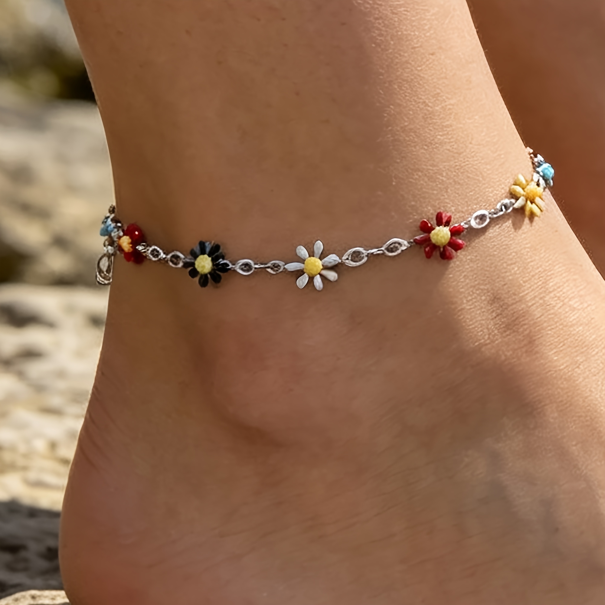 TEMU 1 Bracelet Cheville Marguerite en Émail Artisanat , et Intenses, Acier Inoxydable de Haute Qualité 304, Polissage , Étanche/Résistant à l', Ne