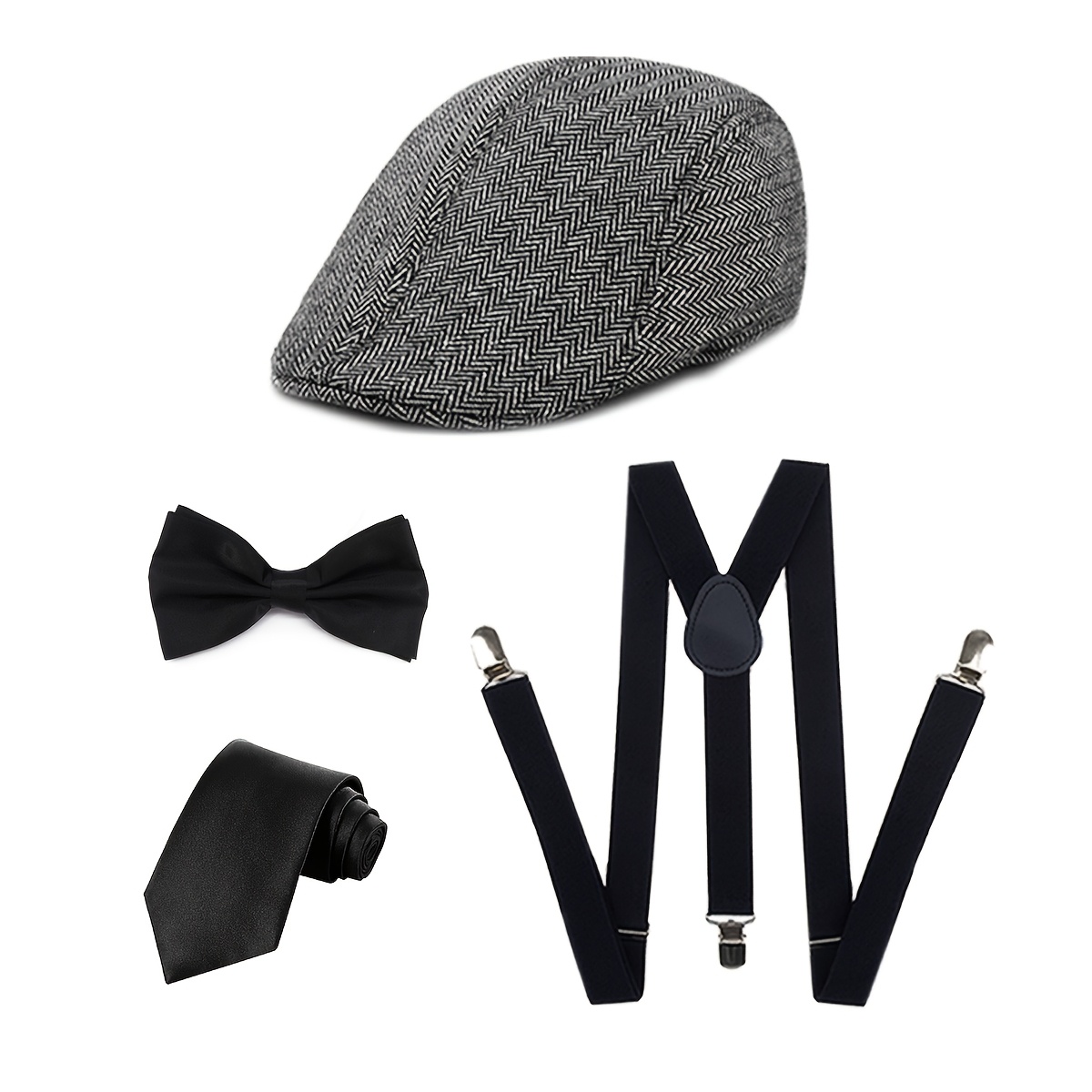 Image of D 4pcs 1920s Costume For - Complete Suit With Thick Hat, Suspenders, Bow Tie & Tie - Roaring 20s Outfit For Speakeasy, Themed Parties, Cosplay (4pcs)