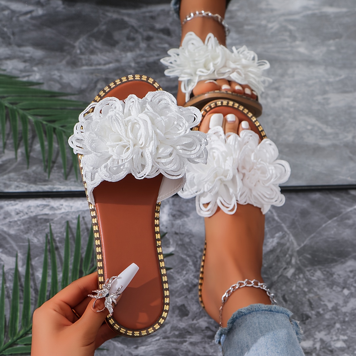 

Women's Flower Decor Slide Sandals, Casual Open Toe Flat Summer Shoes, Lightweight Slide Sandals