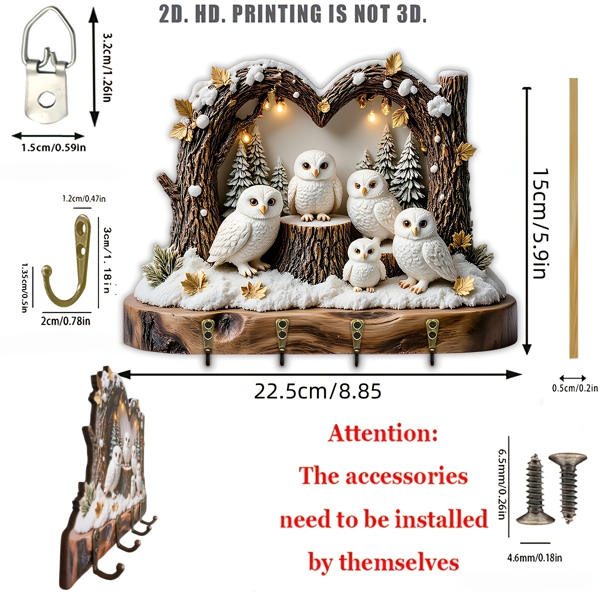 E-shop 2D Fläche, Schlüsselhaken mit Schneeeulen-Motiv, multifunktionales Schlüsselbrett aus Holz für Zuhause, mit 4 Metallhaken, Wanddekoration,