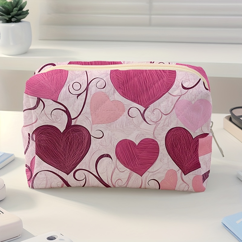 TEMU Pink Heart-shaped Printed Quilted Makeup Bag, Lightweight Zipper Storage Bag, Travel Toiletries Storage Bag, Toiletries Travel Bag Suitable For