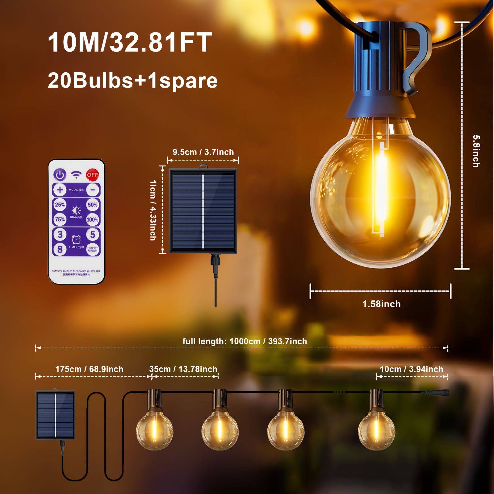 Solar Powered G40 Led Patio Lights String Ip65, Dimmable Solar String Lights For Outside With Shatterproof Bulbs Hanging Lights For Yard Decor