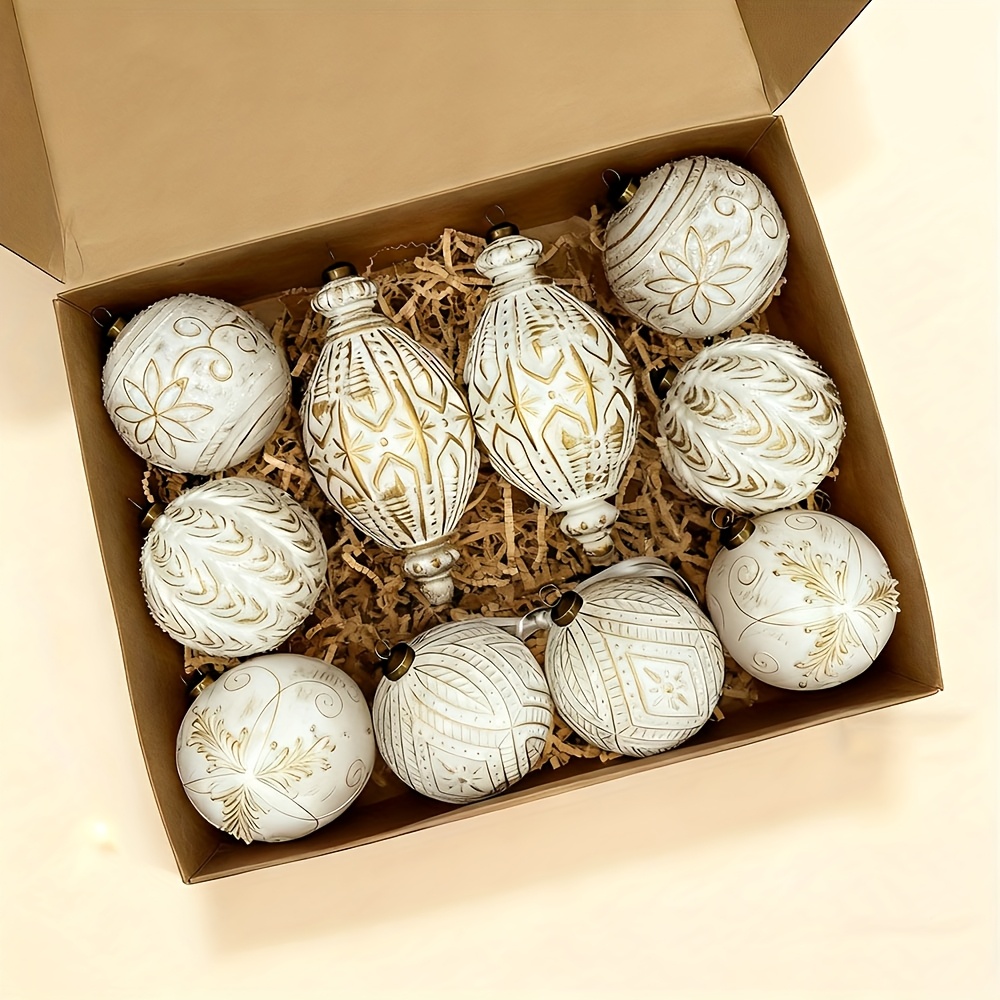 Image of 10pcs Vintage White & Golden Christmas Ornaments - Round Tale Tree Decorations With Spherical Hanging Baubles, Plastic Snowflake & Decor Suitable For Tree, Holiday Party, Nostalgic
