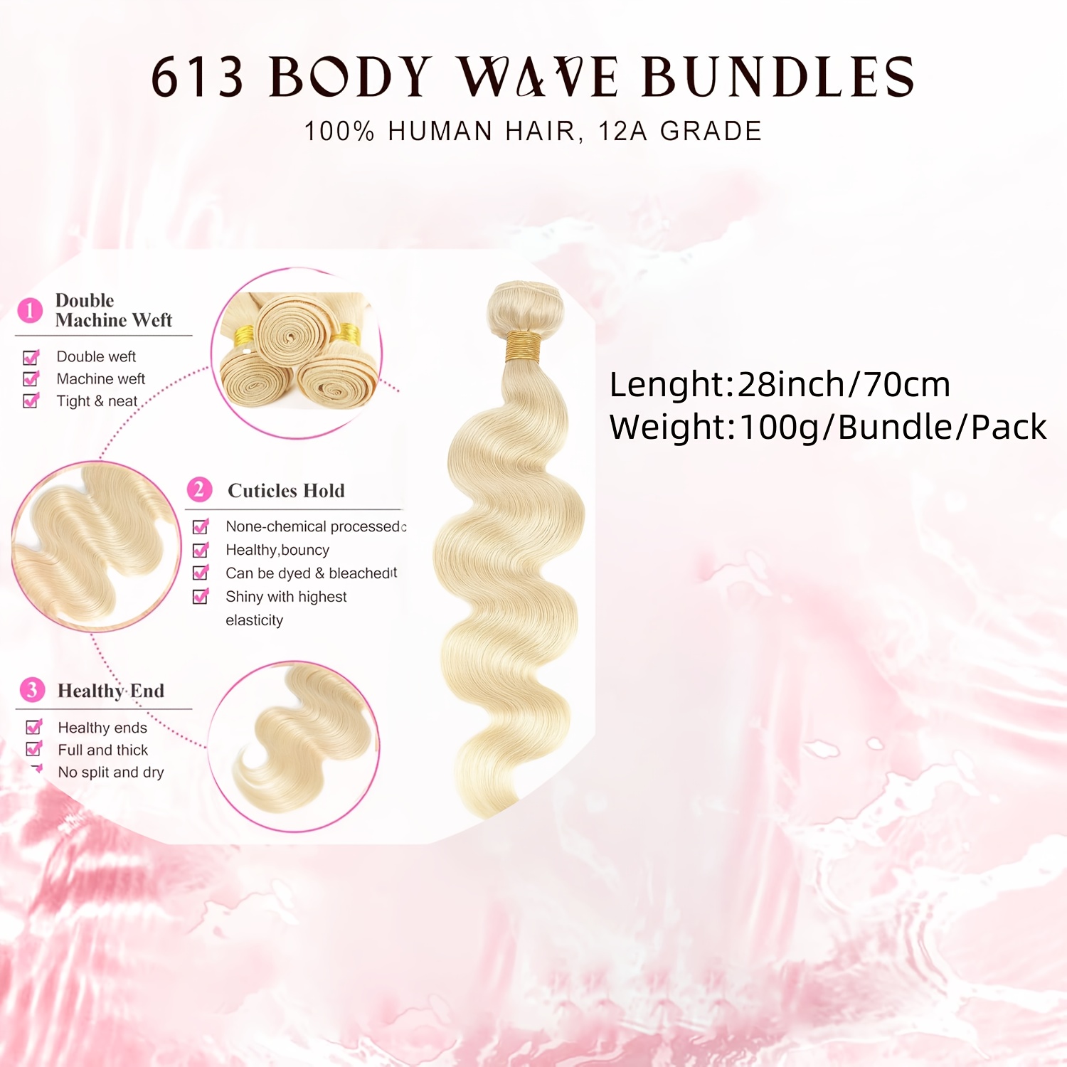 Image of 613 Blonde Cambodian Human Hair Bundles Suitable For Women - Body Wave Hair Extensions, No Shedding, Long Lasting For Dreadlock & Wig Making, Volume & Length For Braids, Ponytails, Headpieces