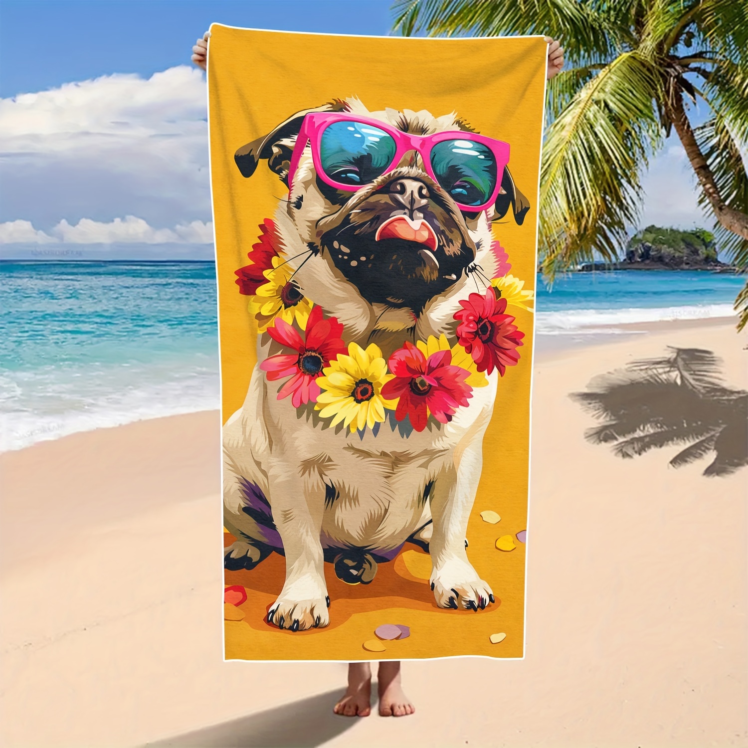 

1pc Cute Pug Dog Cartoon Microfiber Beach Towel - Quick Drying, Lightweight, Soft, Absorbent Travel Blanket For Swimming, Camping, Yoga - Machine Washable Outdoor Beach Essentials, 280gsm