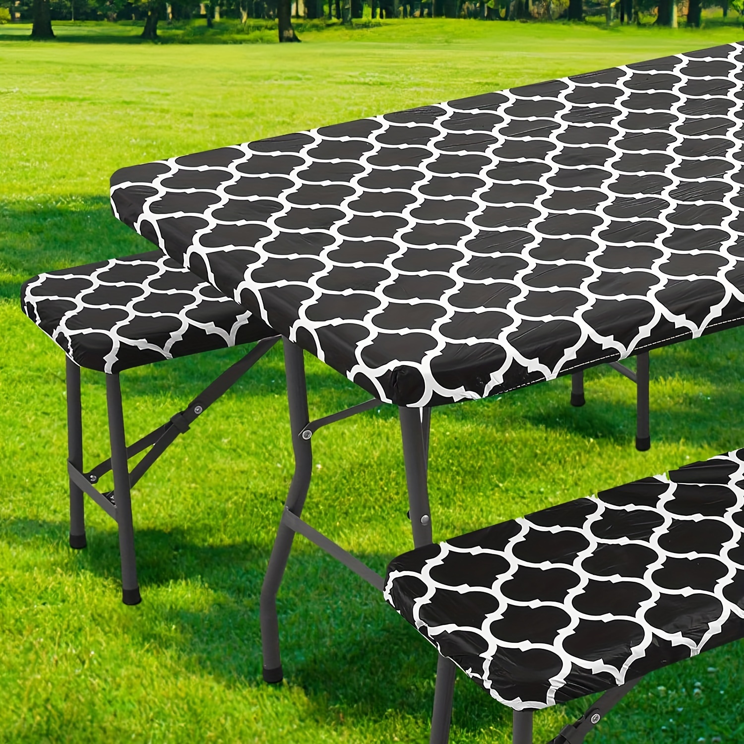 

3pcs, Picnic Tablecloth Set With Bench Covers, Waterproof Vinyl With Flannel Backing, Elastic Fitted Outdoor Table & Seat Covers, Non-slip, Windproof Tablecloth