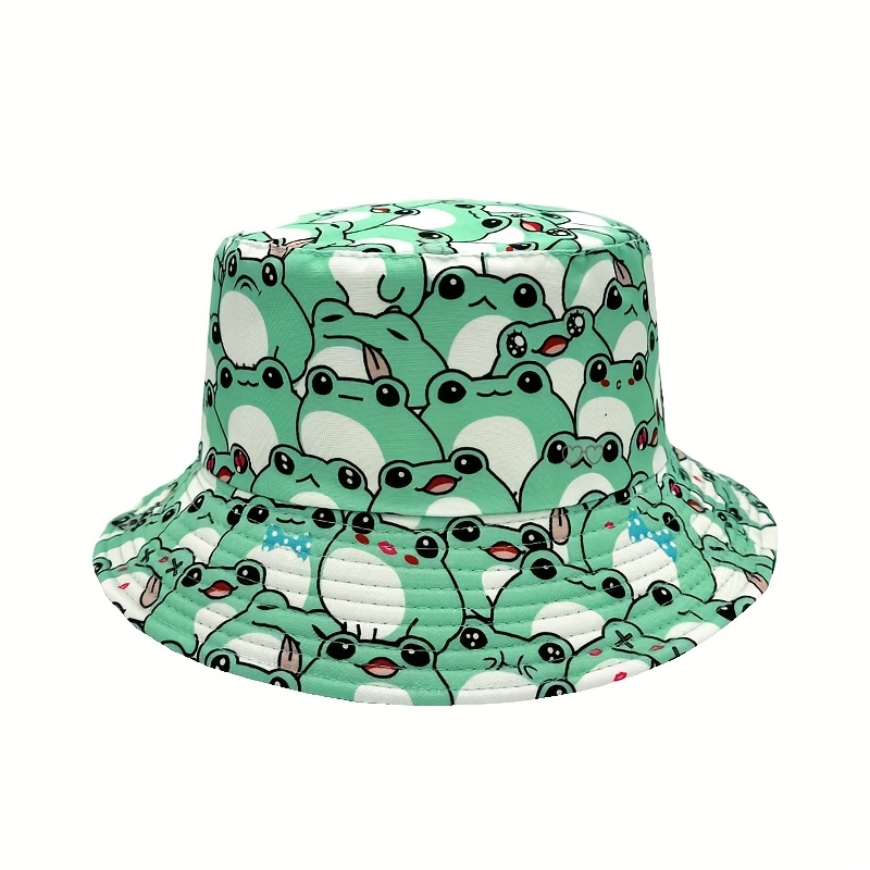 Image of Cute Frog Print Double-sided Bucket Hat - Lightweight, Fashionable, And Sun- Fisherman Hat, Unisex, Perfect For Parties And Outdoor Activities, An Ideal Gift