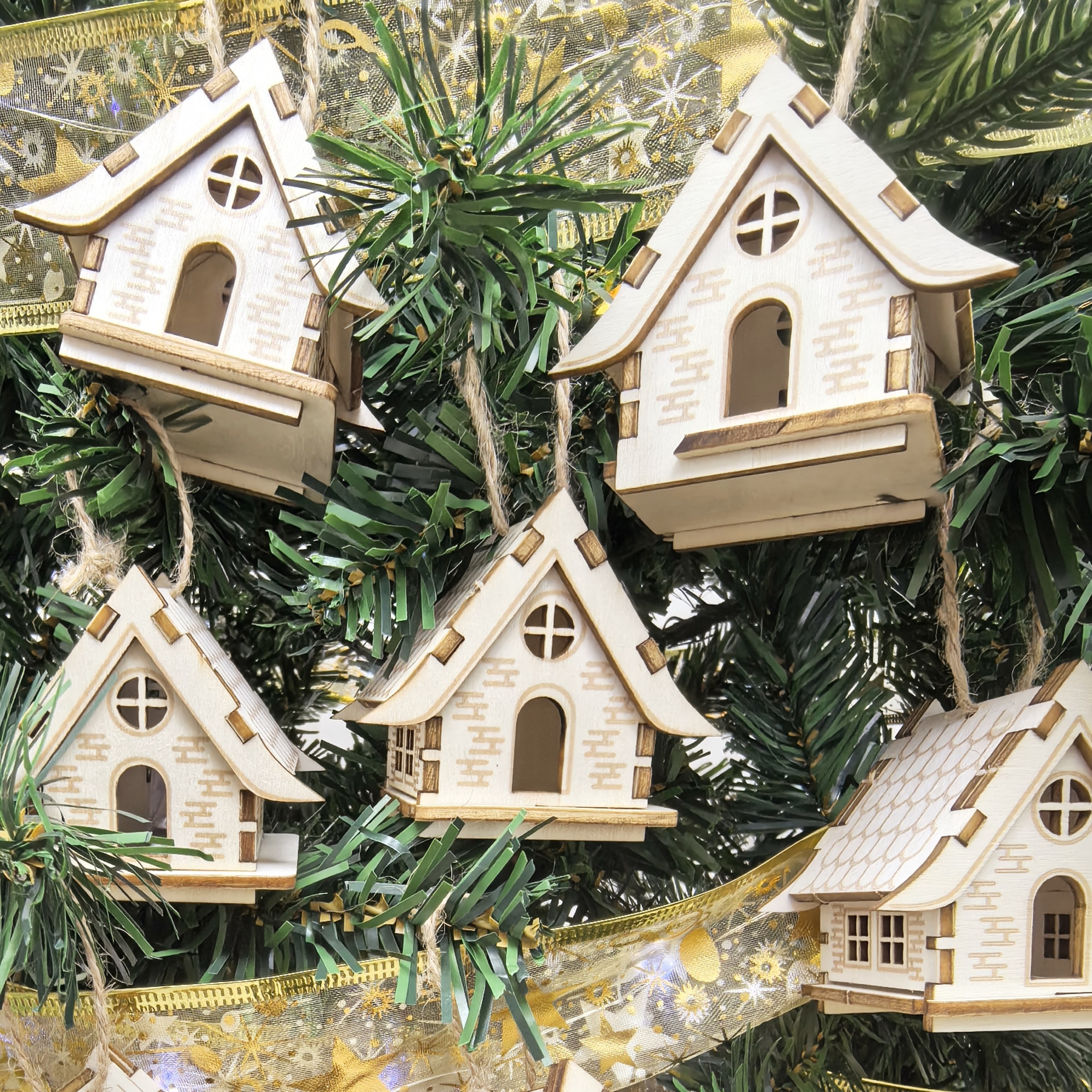 Image of Gift For Her/him Party Pack, 3pcs 3d Christmas Wooden House Ornaments - Exquisite Designs, Add A Cozy Vibe To Your Xmas Tree. Perfect For Festive Decor And Gifting