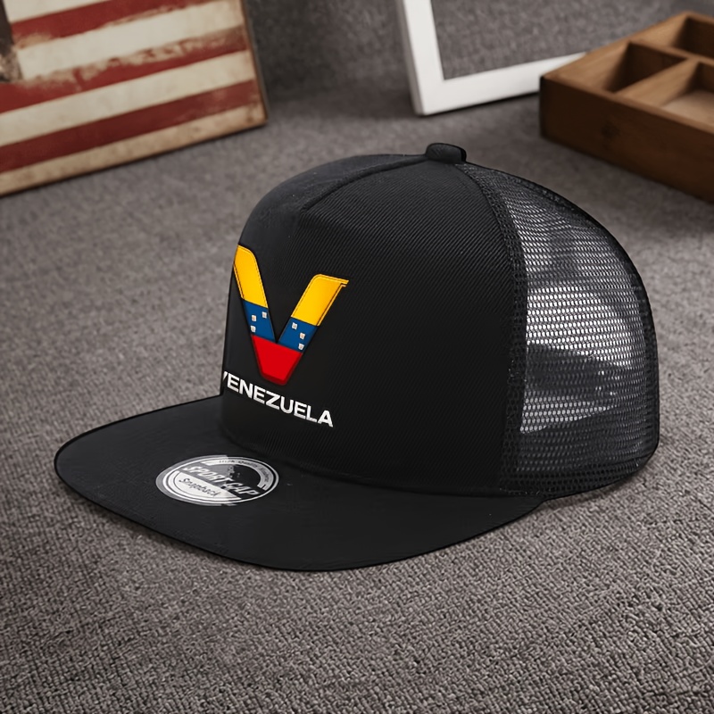 TEMU 1pc, Gorra de malla ajustable de paneles con estampado de de Venezuela, Gorro para damas con de impresión, Gorro moderno para hombre con de de