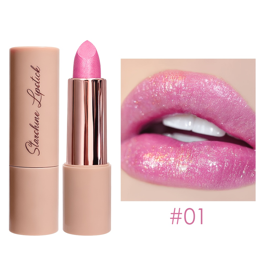 Image of Shimmery Pink Glitter Lipstick, Long-lasting Moisturizing Pearlescent Lipstick With Sparkle End, Cup And High, Creamy Texture Lip Makeup For Women