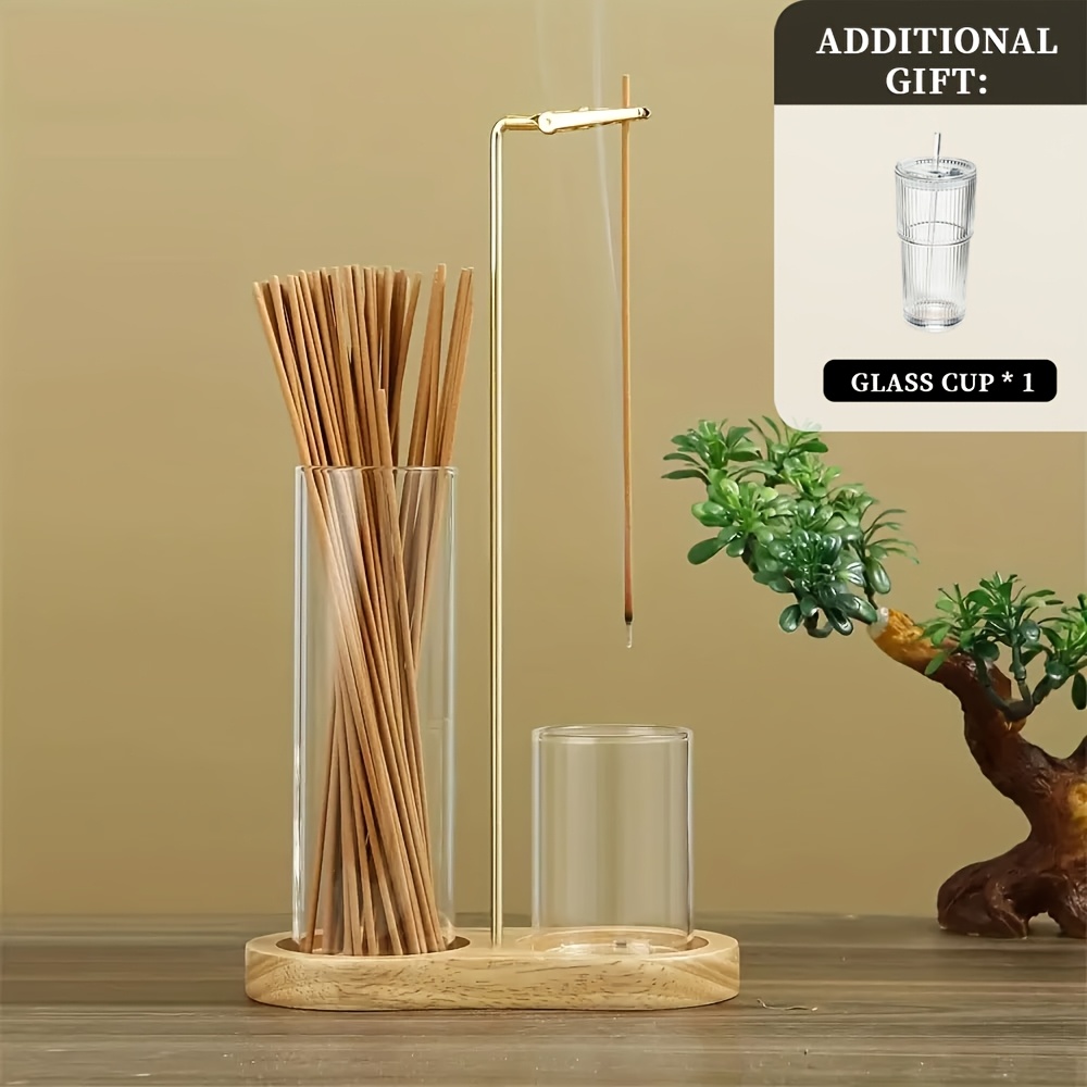 TEMU 1pc Solid Wood 8-shaped Incense Holder Inverted, With Embossed Gourd Incense Clip, Glass Incense Tube, Rubber Wood Sandalwood Incense Coil