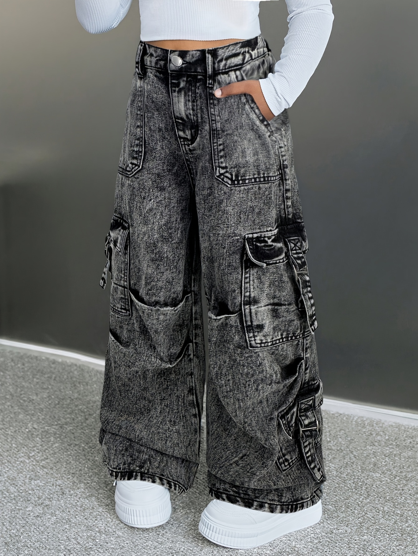 girls wide leg jeans multi pocket cargo pants   style loose   trendy stuff