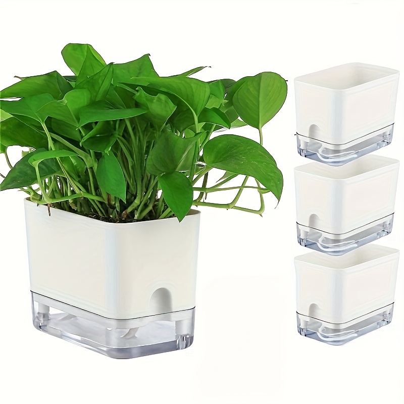 4pcs White Self-watering Rectangle Planters With Drainage Hole – Modern Indoor Pots For Herbs, Ivy, Plants, Orchids – Durable For , Indoor Plant Pots | Modern Planters | Rectangular Planters