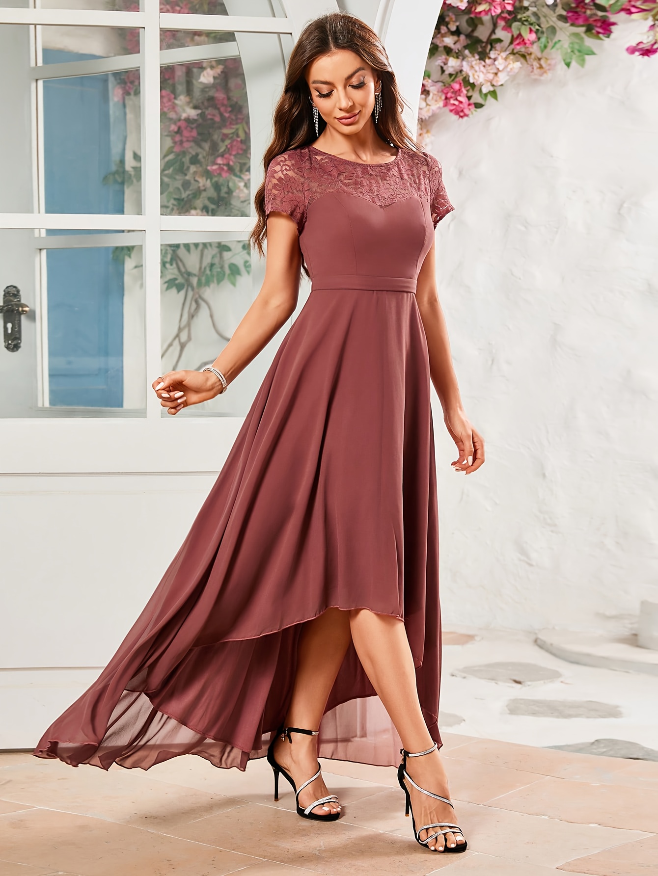womens elegant lace trimmed chiffon maxi dress flowy a line - Temu Germany