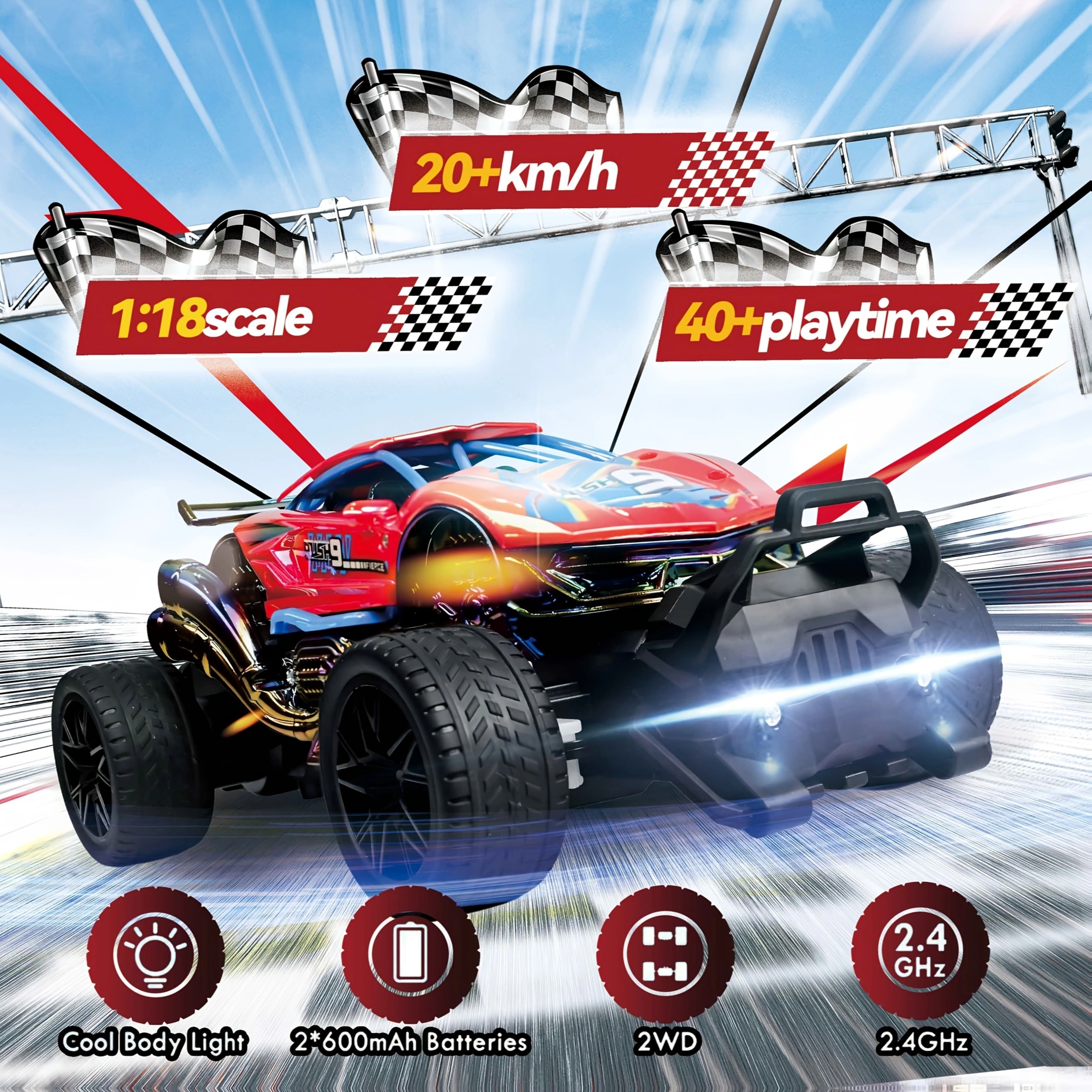 1:18 Scale All Terrain RC Car, High Speed RC Car With Cool Body Lights, Electric RC Truck, Off-road Truck With Two Rechargeable Batteries, Birthday, Christmas, Halloween Gift For Kids Over 6 Years Old