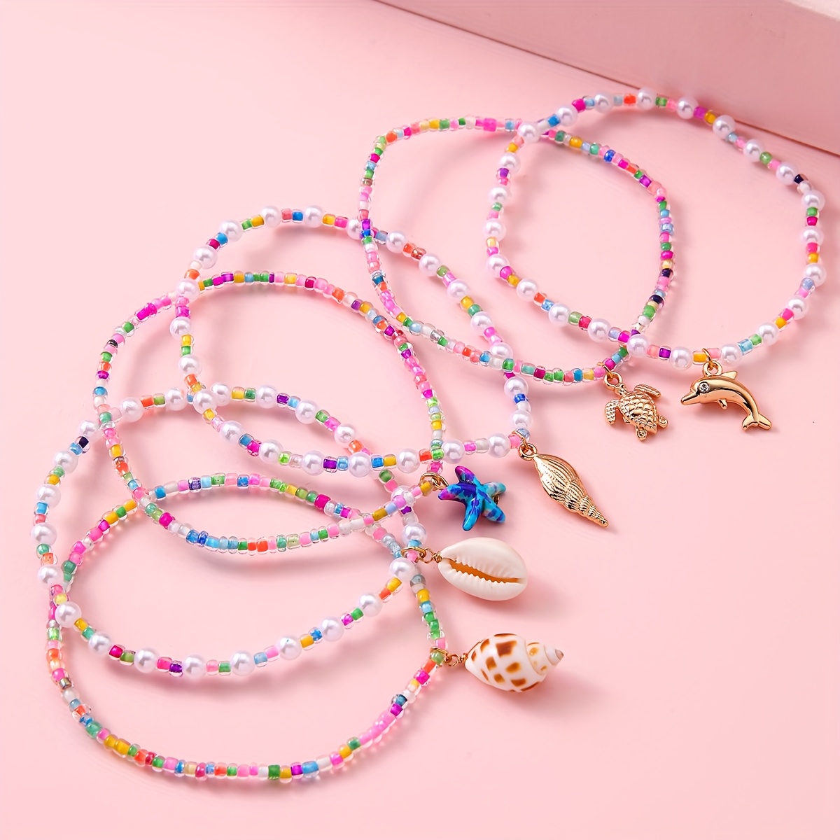 E-shop 6er-Set Muschel Seestern Schildkröte Schnecke Niedlicher Anhänger Mode Beliebte Bunte Reisperlen Fußkette Sommer Exquisite Ergänzungen Mädchen