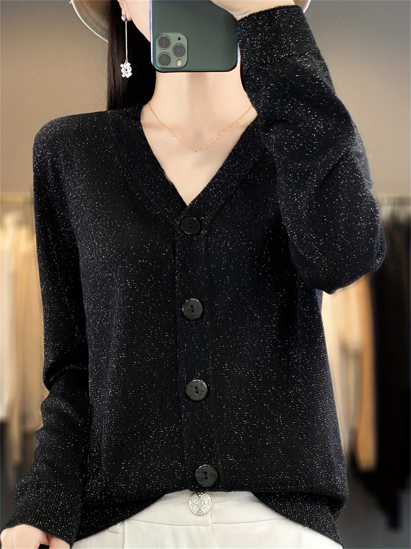 Rhinestone Bow Button Solid Knit Cardigan, Y2K Long Sleeve Plush Sweater,  Women's Clothing