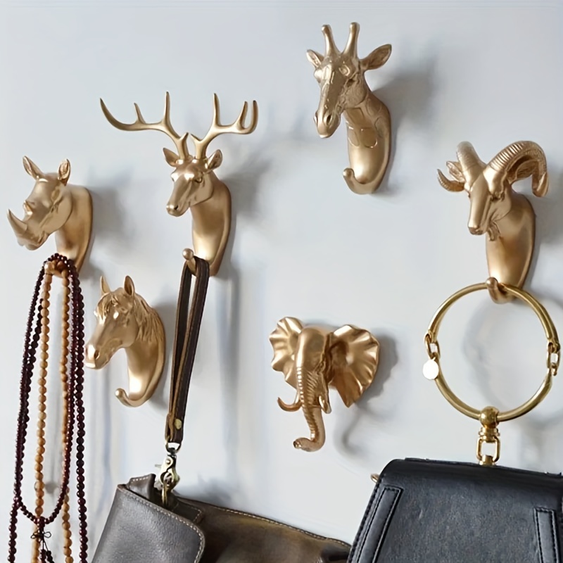 

Fashion Gold Resin Wall-mounted Animal Head Coat Hooks - Easy Install, Decorative Bathroom Accessories - Giraffe, Elephant, Moose, Horse, Deer - Stylish Wall Hanging For Coats, Hats, And Bags