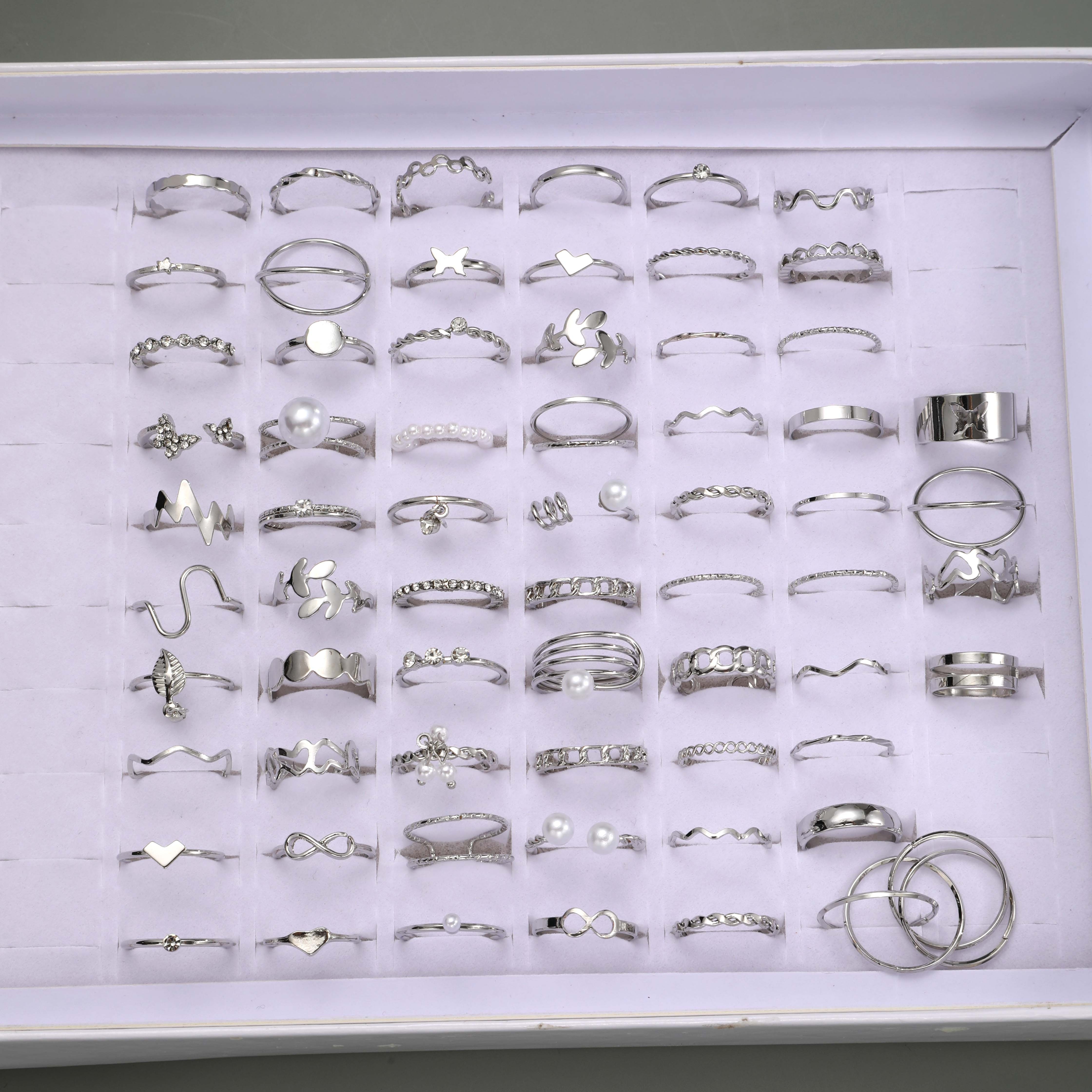 64pcs Gothic Silver Openwork Stackable Ring Set for Girls