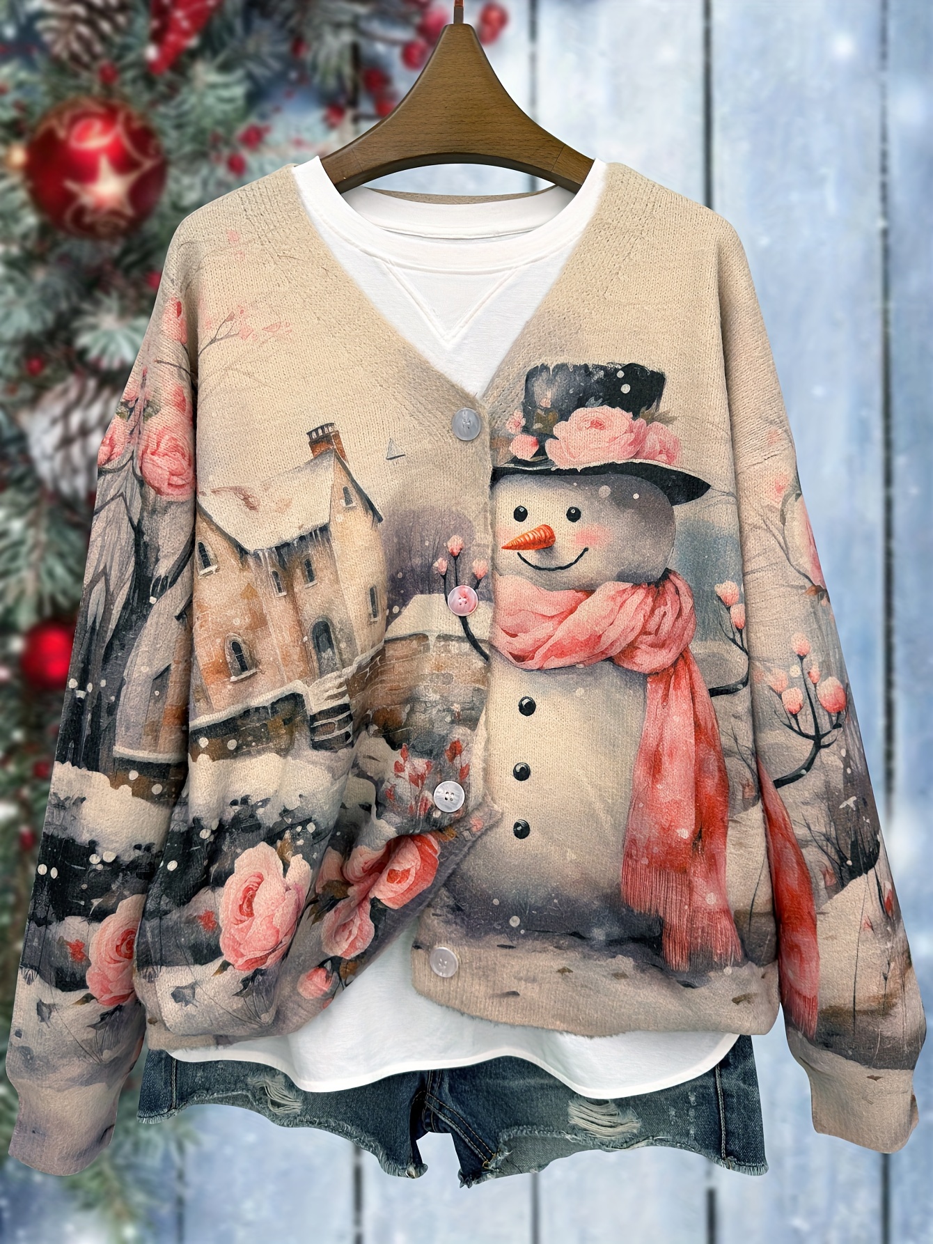Plus Size Women's Christmas Snowman Print Sweater Cardigan -Effect  Design, V-Neck Long Sleeve Casual with Button Front, Cozy Winter Fall  Holiday