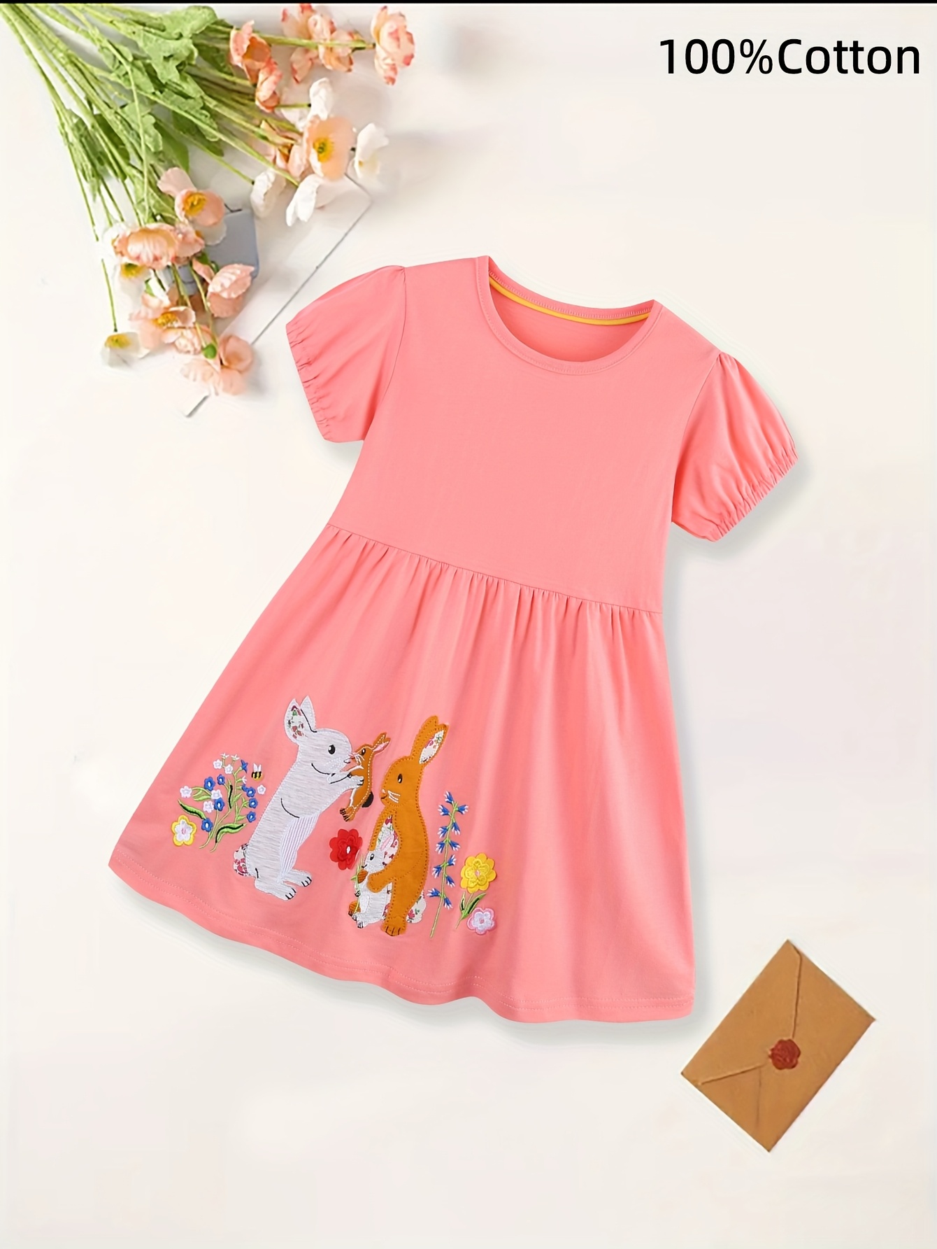 Adorable Dress for Girls: Cartoon Bunny Design, Midi Length, Lantern Sleeves, Summer Party Dress, Embroidered, Crew Neck, Conventional Fit, No Padding, Perfect for Outdoor Daily Wear