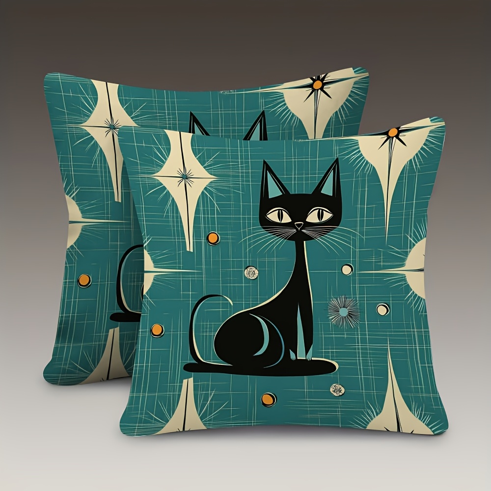 TEMU 2pcs Vintage Mid-century Modern Cat & Print Pillow Covers Suitable For Modern Home Decor, Car & Office Cushion Covers - 18x18 Inch Retro Zipper