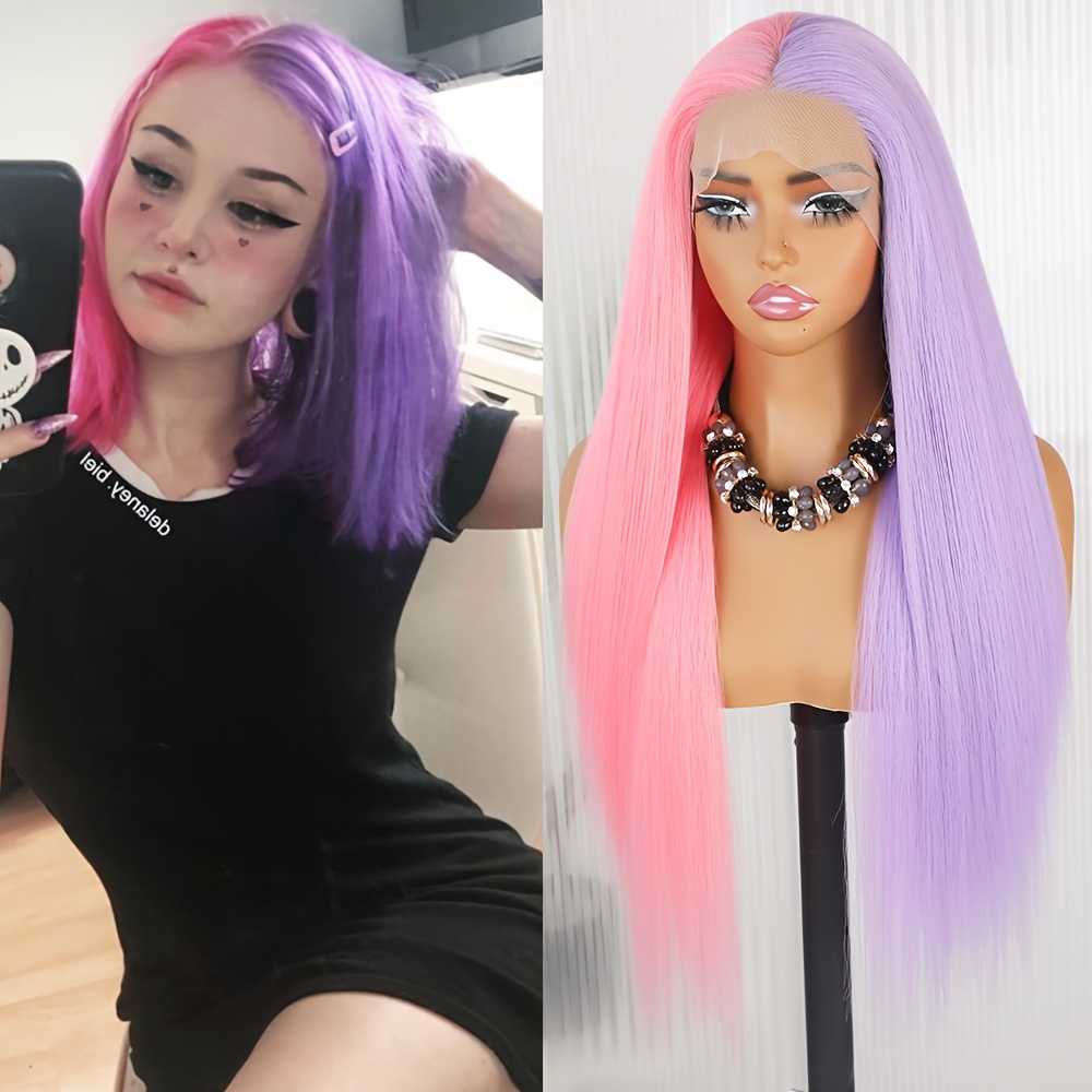 pink purple hair lace front wig synthetic glueless ombre hot  display picture 1