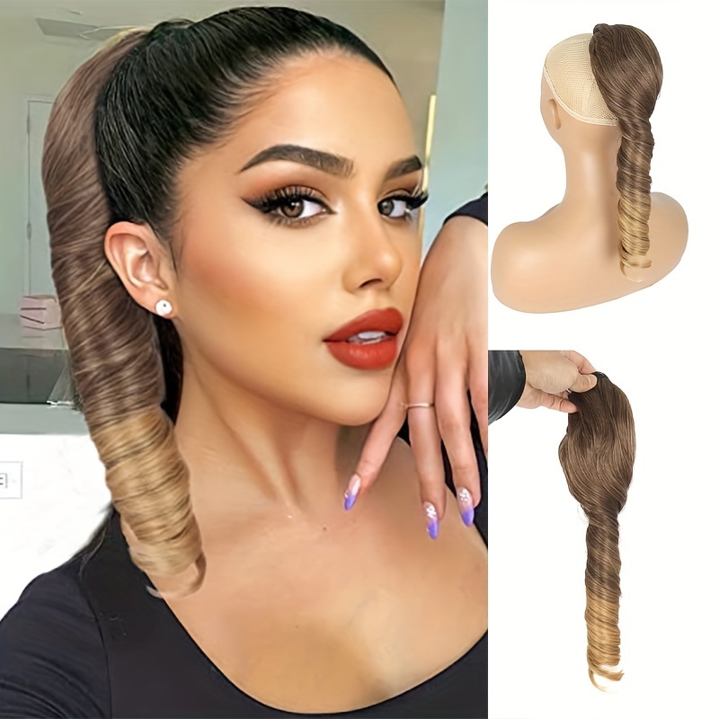 blonde curly wave clip on ponytail hair extensions for synthetic drawstring ponytail with secure clips elegant volume length for versatile hairstyles ponytail extension easy hair enhancement   ponytail secure clip attachment details 2