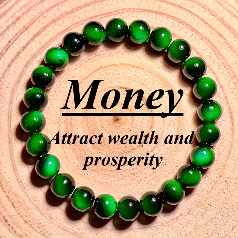 TEMU Bracelet de perles "Œil de tigre" vert, 24 - Style bohème élastique 8 mm, unisexe, attire et fortune, la sécurité et la paix, accessoire cadeau
