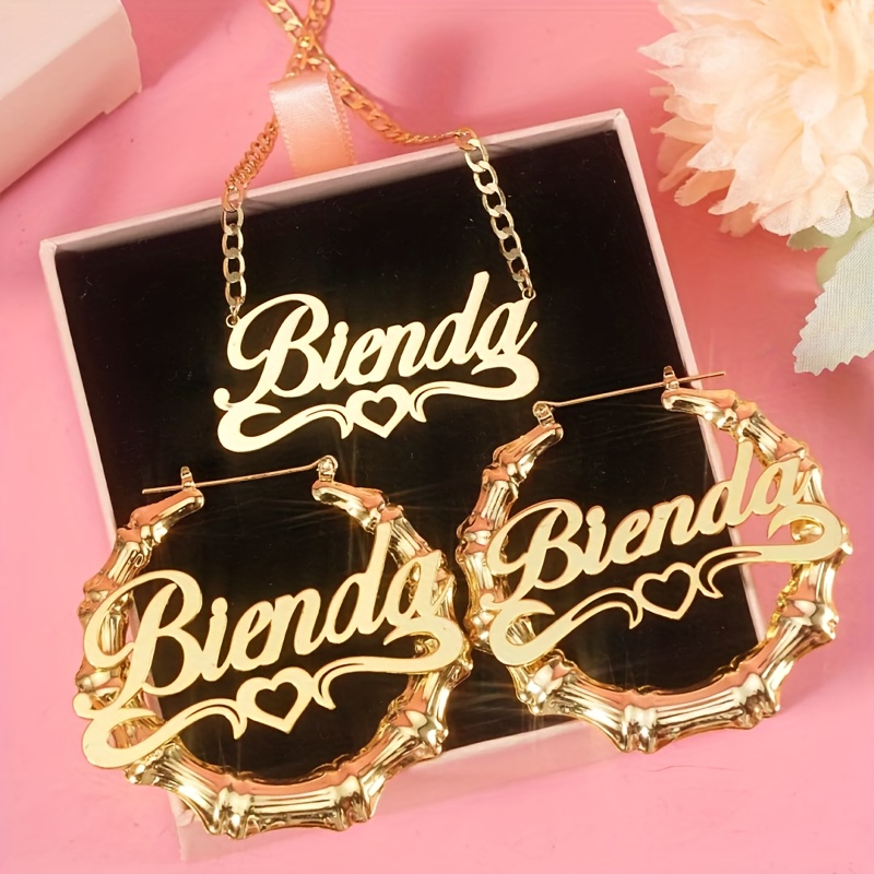 TEMU 3pcs/set Personalized 18k Golden Plated Custom Name Jewelry Set For Women, 304 Stainless Steel, Large Earrings, Custom Name Necklace, High
