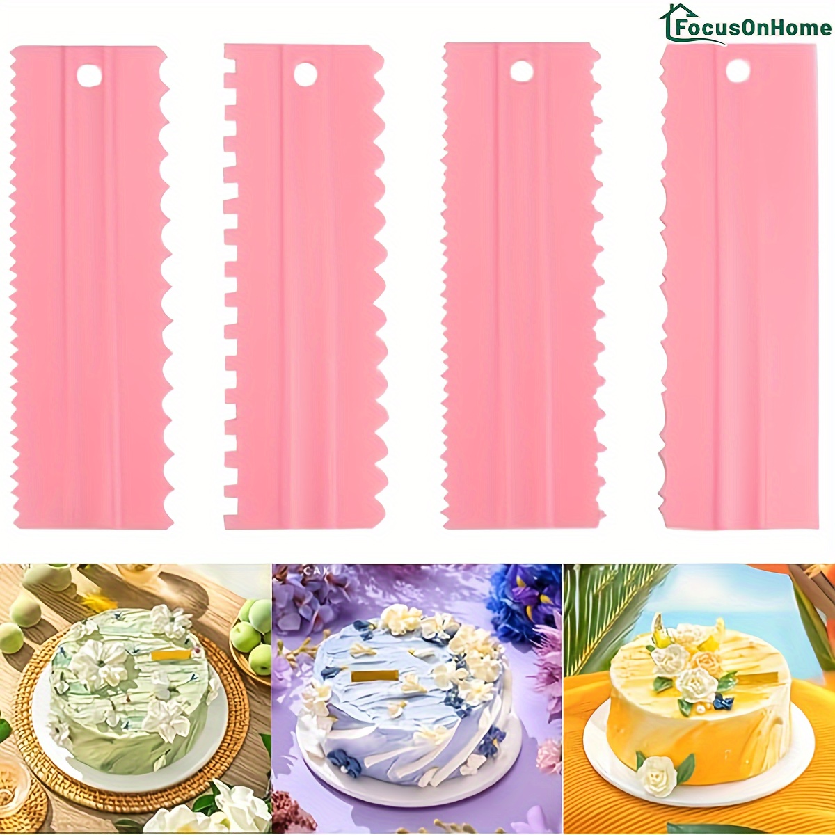 

4-piece Cake Decorating Set - Double-sided Serrated & Smooth Scrapers, Wavy Lace Design, Food-safe Plastic Baking Tools By Focusonhome