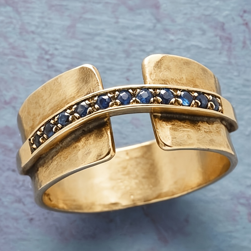 TEMU Anillo , Correa Ancha, Decoración de CZ Azul , Diseño Geométrico Vintage, Joyería para Adolescentes, Para Adolescentes