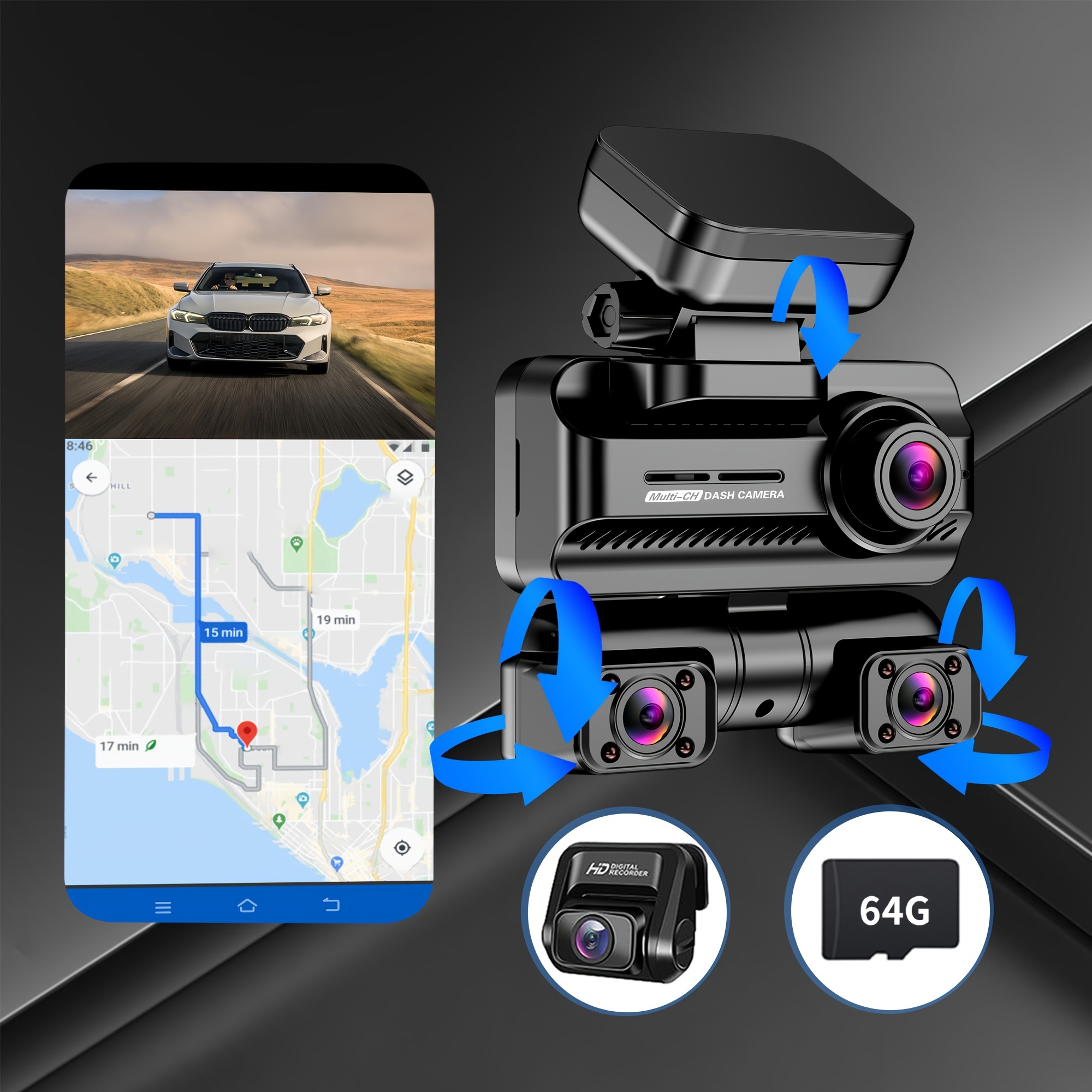 

4 Channels Fhd 4 * 1080p, 360° Dash Cam, Wi-fi Gps Car Camera, Free 64gb Sd Card, Night Vision