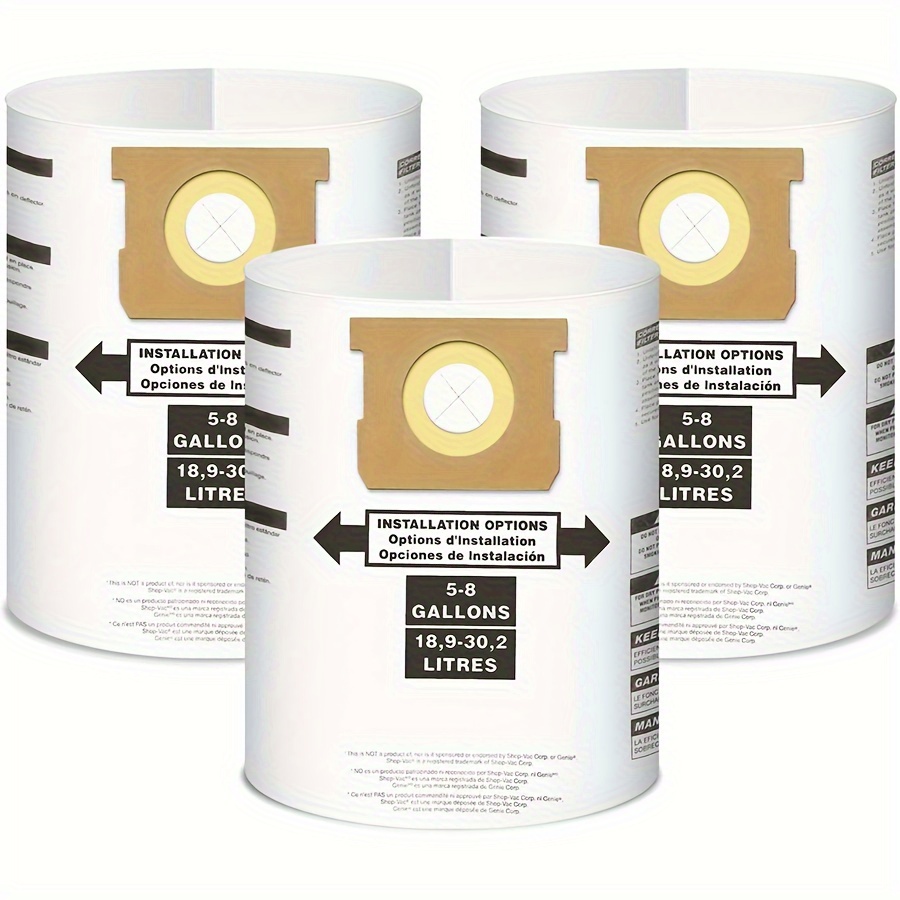

3/5/10/15 Pack - 5-8 Gallon High Efficiency Replacement Dry Vacuum Bags - Bag