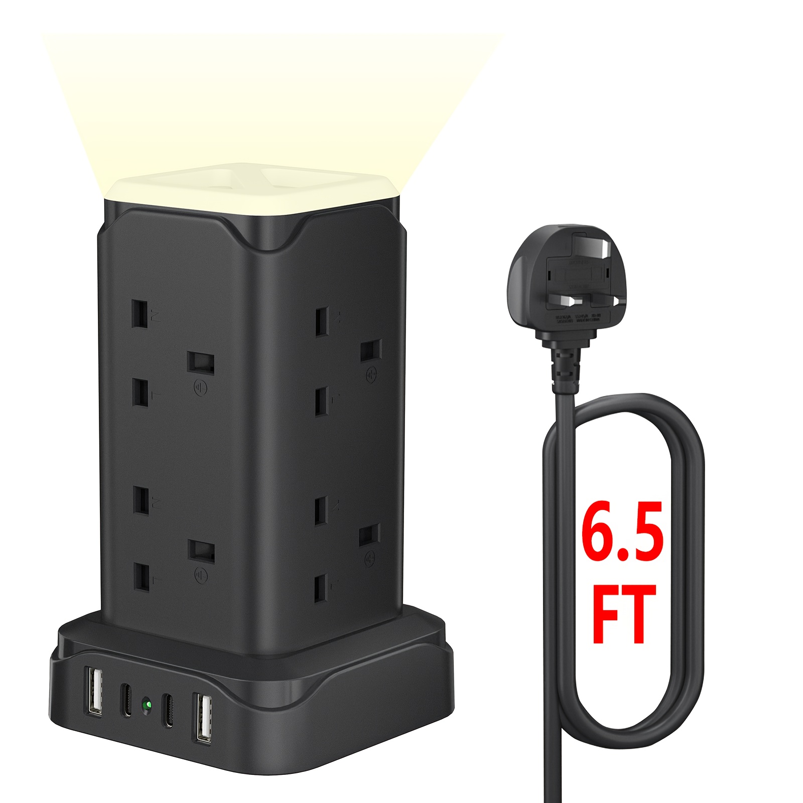 TEMU 12-port Tower Extension Lead: 8 Sockets With 2 Usb-a & 2 Usb-c (20w ), 6.5ft Cable, Led Indicator - Phones Tablets Power Strip Tower,
