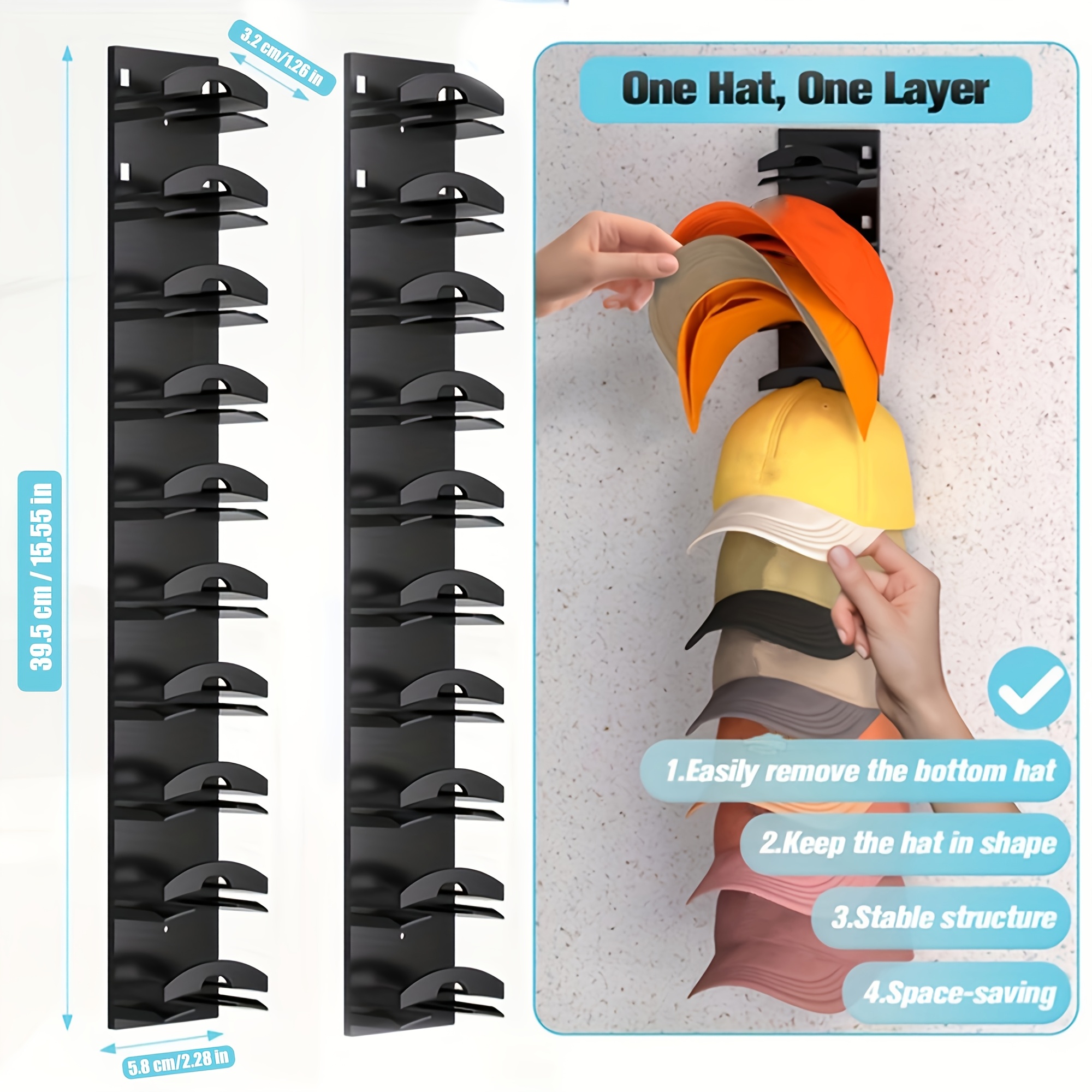 Organisateur Casquettes Baseball - Lot De 2 - Support Mural Adhésif - 20 Chapeaux Organisation Placard