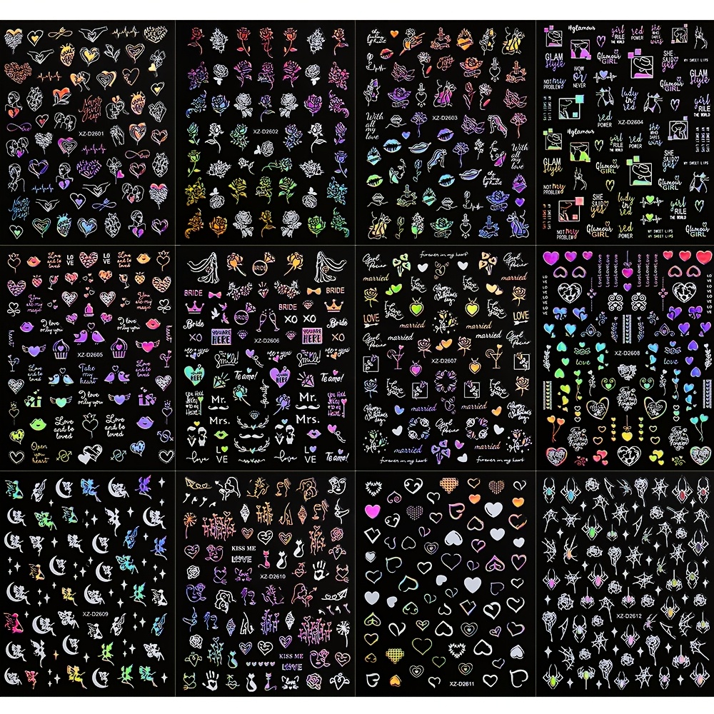 Set Of 12 Valentine's Day Nail Stickers Featuring 3d Self-adhesive Holographic Designs Of Hearts, Roses, And Lips, Perfect For Romantic Couples' Nail Art And Manicure Decoration