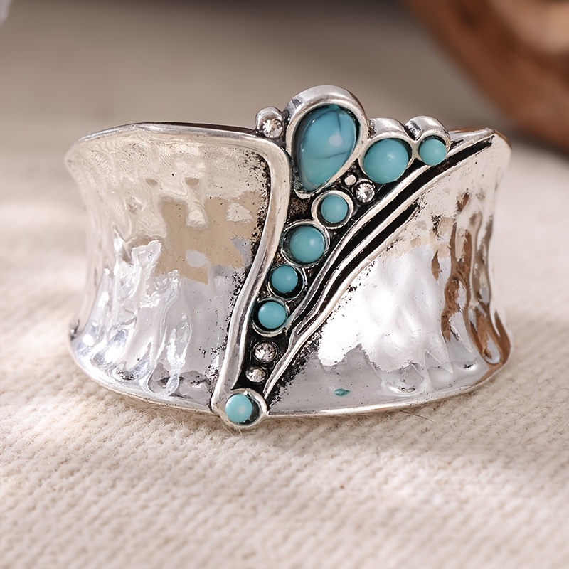 TEMU Modischer, breiter Ring mit eingelegtem synthetischem Türkis für Damen im Vintage- und minimalistischen Design, vielseitiger Ring im