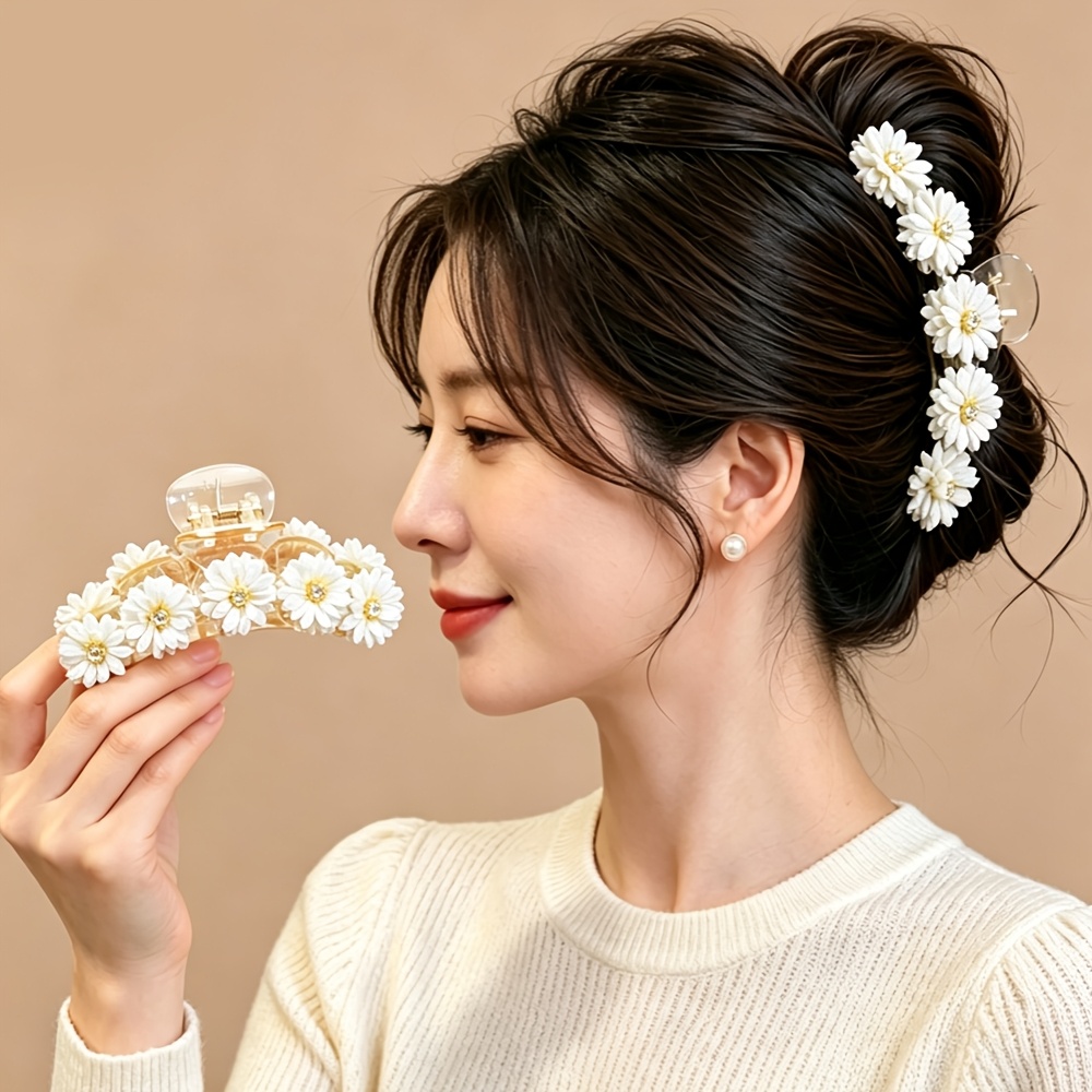TEMU 1pc Spring And Summer New Shiny Rhinestone Simulation Chrysanthemum Flower Acrylic Hair Claw Clip, Women's Fashion Bohemian Style Daisy