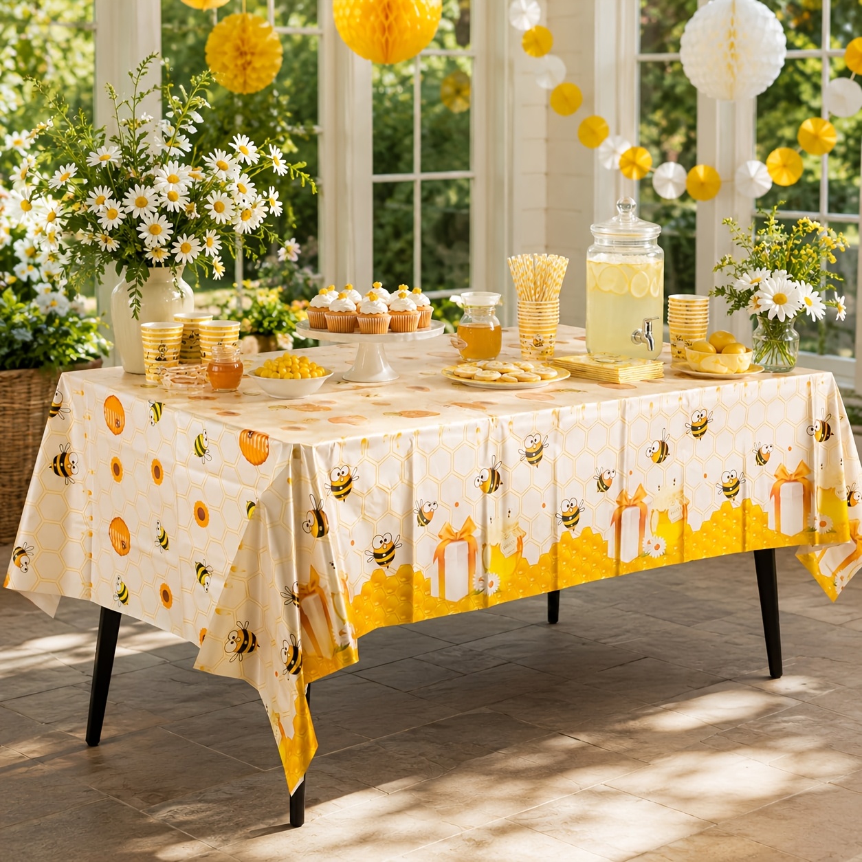 TEMU 1pc Bee Themed Party Tablecloth Honeycomb Honey Jar Daisy Pattern Disposable Table Cloth 54x72 Inches Perfect For Birthday Party, Baby Shower